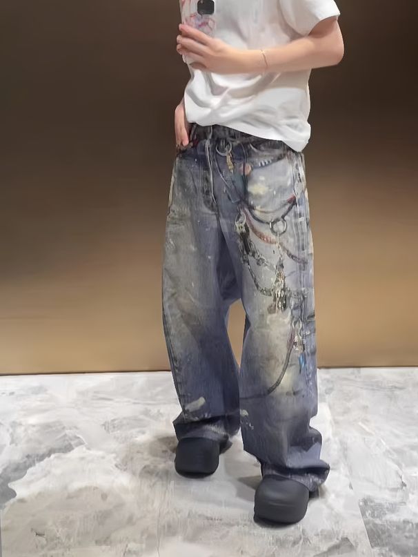 Men's Clothing Loose Casual Straight Pants Denim Print Washed Pants_mkmklike.com