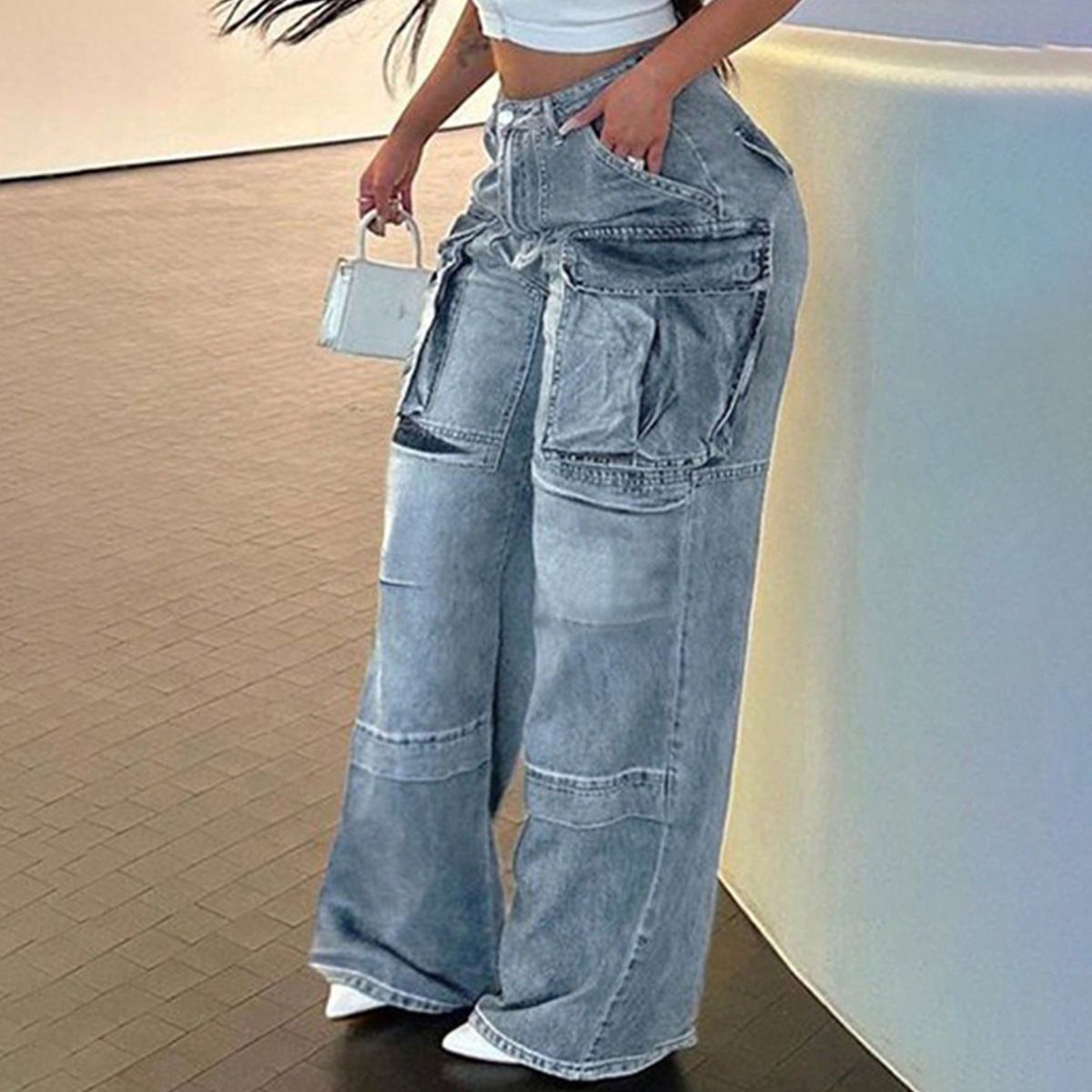 Vintage-Inspired Women's Workwear Jeans With Multi-Pocket Design, Loose Fit Straight Leg, Distressed Wash Casual Denim Pants_mkmklike.com