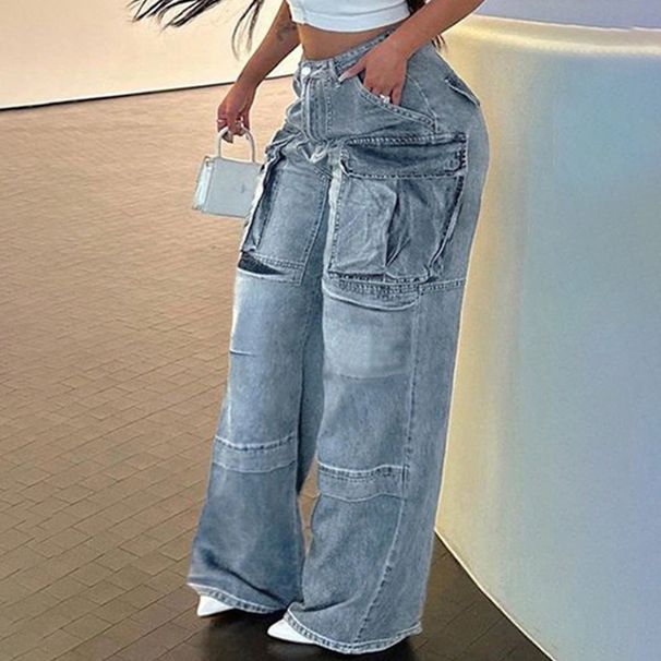 Vintage-Inspired Women's Workwear Jeans With Multi-Pocket Design, Loose Fit Straight Leg, Distressed Wash Casual Denim Pants_mkmklike.com