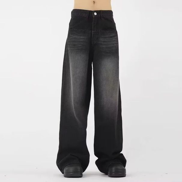 Men's Vintage Washed Straight Jeans – Loose Fit Button Fly Denim Pants (Blue/Black)_mkmklike.com