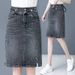Women's clothing new large size drawstring elastic waist split denim skirt women spring and summer high waist slim a-line mid-length skirt_mkmklike.com