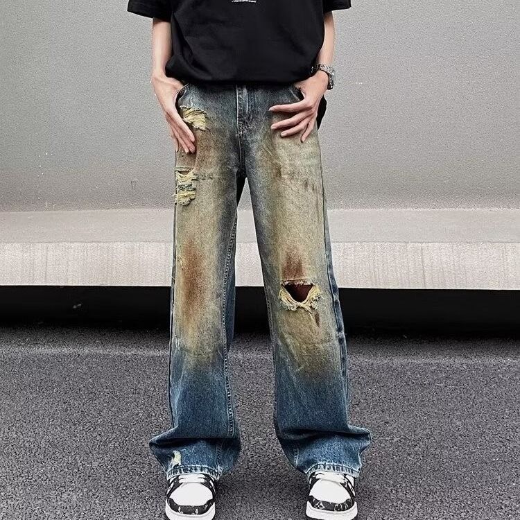 Men's Distressed Washed Denim Jeans Loose Fit Wide Legs Straight Cut Ripped Details Street Style Floor Length American Retro Vibe_mkmklike.com
