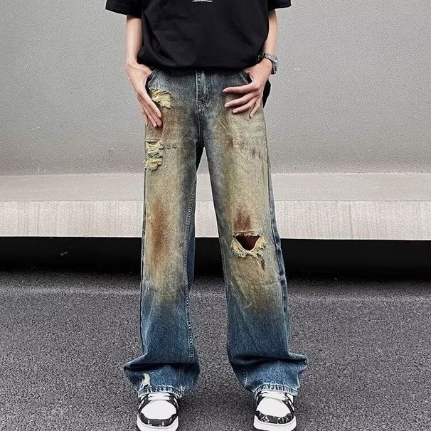 Men's Distressed Washed Denim Jeans Loose Fit Wide Legs Straight Cut Ripped Details Street Style Floor Length American Retro Vibe_mkmklike.com