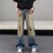 Men's Distressed Washed Denim Jeans Loose Fit Wide Legs Straight Cut Ripped Details Street Style Floor Length American Retro Vibe_mkmklike.com