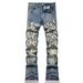 Suitable For All Seasons AM Style Blue Retro High Street Motorcycle Youth Stretch Embroidered Flare Jeans Men 3833_mkmklike.com