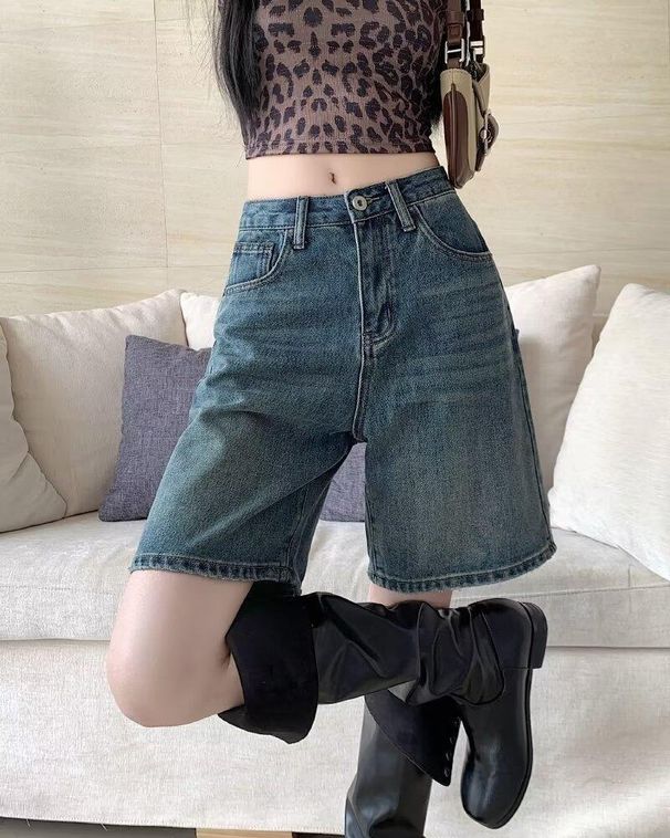 Retro Hong Kong Style Women's Denim Shorts Solid Color Loose Fit Summer Trendy Outdoor Wear Five Point Popular Pants_mkmklike.com