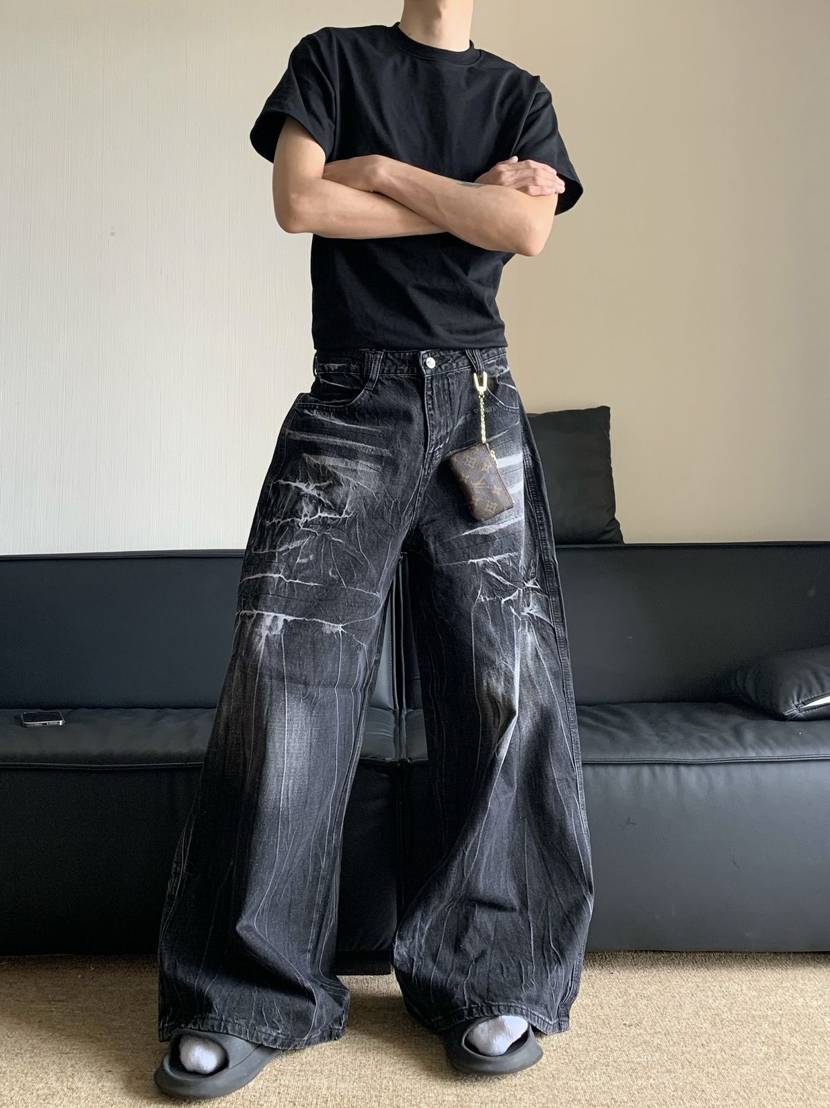 American Retro Washed Old Jeans Men's Niche Lightning Pattern Loose Wide-leg Long Pants_mkmklike.com