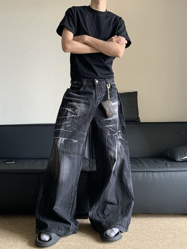 American Retro Washed Old Jeans Men's Niche Lightning Pattern Loose Wide-leg Long Pants_mkmklike.com