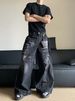 American Retro Washed Old Jeans Men's Niche Lightning Pattern Loose Wide-leg Long Pants_mkmklike.com