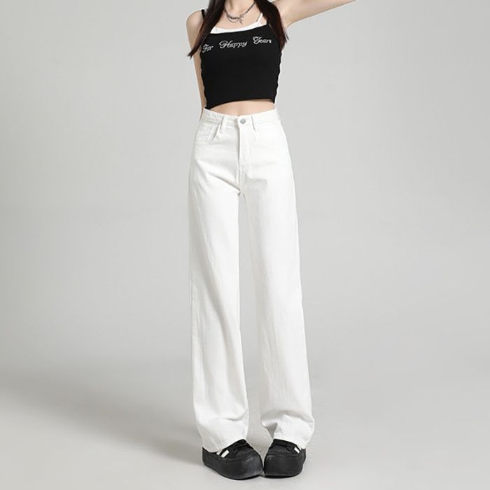 Narrow Straight-leg White Jeans For Women, 2026 Spring/summer, High-waisted, Petite-friendly, Slimming, Wide-leg,_mkmklike.com