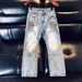 Men's Heavyweight Washed Denim Jeans Trendy High Street Style High End Design Wide Leg Patchwork Motorcycle Straight Leg Pants For Autumn Winter_mkmklike.com