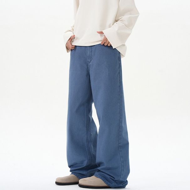 LKTM All Season Pure Cotton Stonewashed Casual Straight Leg Jeans Men Women Vintage Solid Color Loose Fit Long Pants_mkmklike.com