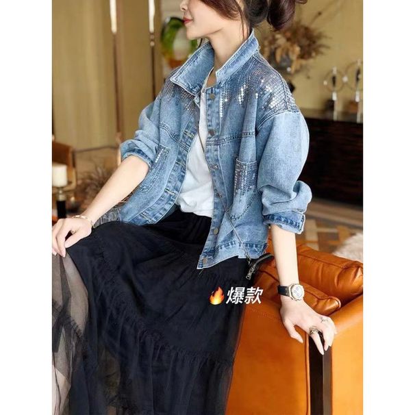 Fashionable Simple Design Sequin Denim Jacket Women, 2026 Spring Autumn New Style, Versatile And Loose-fitting Top For_mkmklike.com