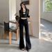 Retro Blue High Waisted Fleece Lined Flared Jeans For Women Warm Slimming Loose Fit Versatile Style Denim Pants_mkmklike.com