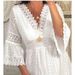 Women's 2023 spring new V-neck hollow lace bell sleeve dress_mkmklike.com