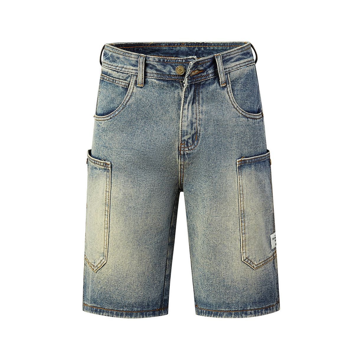 Men's Vintage Washed Denim Cargo Shorts – Relaxed Fit With Utility Pockets | 28-36 (Retro Blue)_mkmklike.com