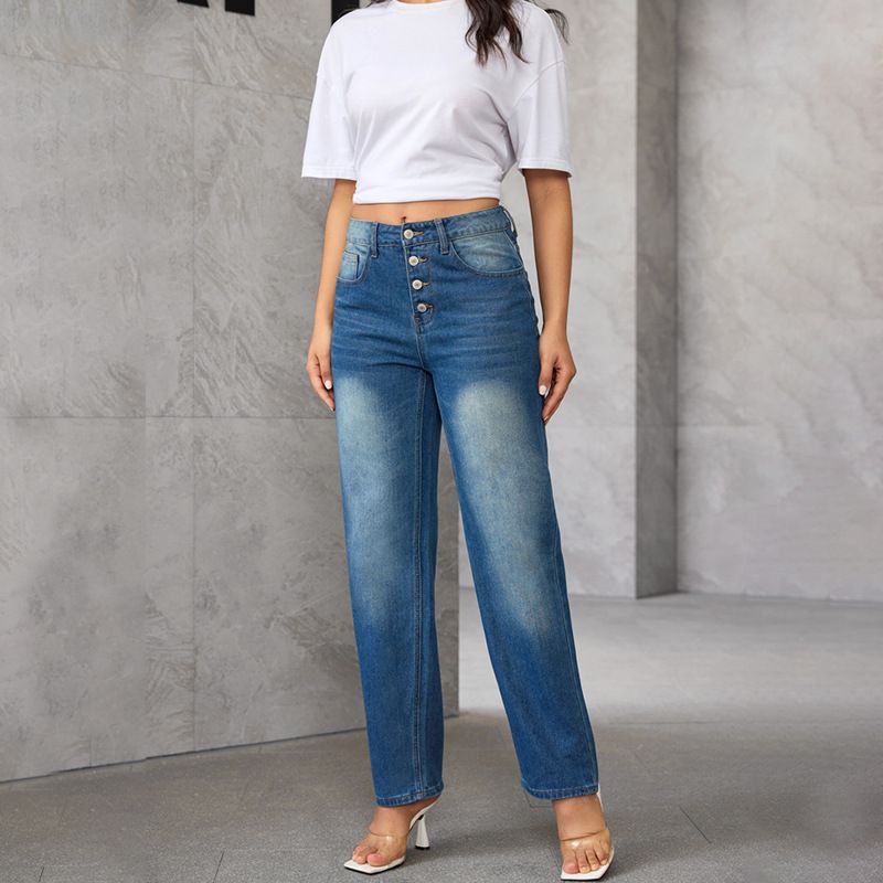 Women’s Clothing spot high waist slim retro blue crease loose straight jeans casual pants_mkmklike.com