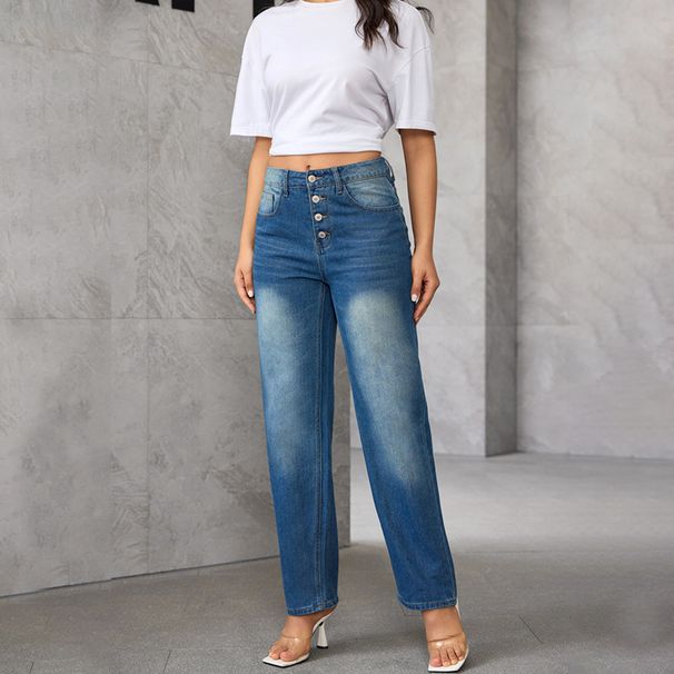 Women’s Clothing spot high waist slim retro blue crease loose straight jeans casual pants_mkmklike.com