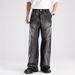 Men's American Vintage Heavy-Duty Distressed Jeans, Structural Patchwork Design With Premium Washed Finish, Straight Leg Casual Denim Pants_mkmklike.com