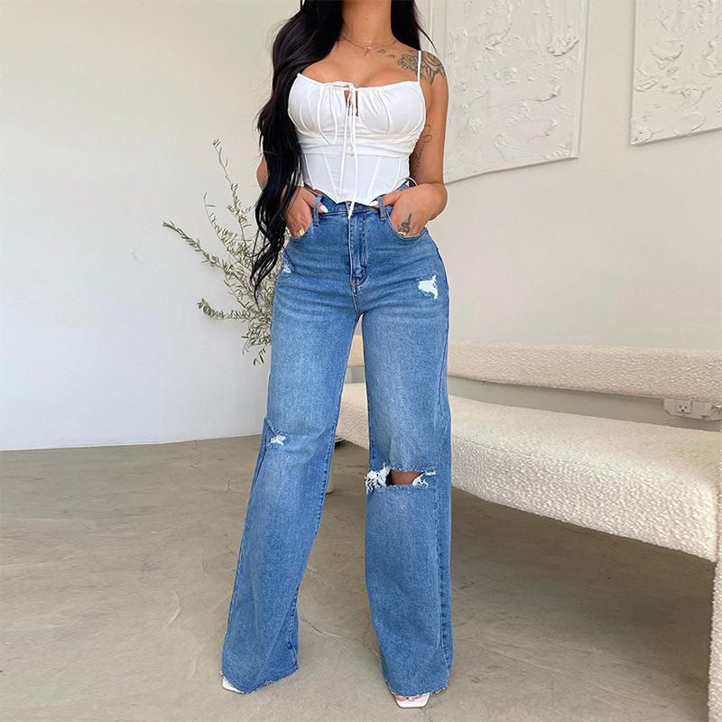 Women's Washed Straight Leg Jeans – High Waist Relaxed Fit Denim Pants For Casual Streetwear_mkmklike.com