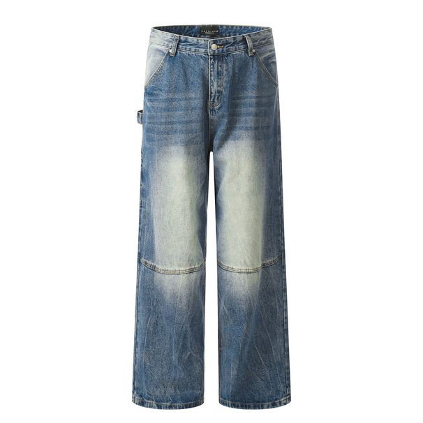 Men's Clothing Heavy Washed Gradient Distressed Jeans Trendy Brand Men's Pocket Workwear Straight Trousers Niche Loose Wide Leg Pants_mkmklike.com