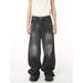 Men's Clothing Unisex Vintage American Style Baggy Jeans - High Street Oversized Straight Leg Dragging Denim Pants (Black Grey/Black/Dark Blue)_mkmklike.com
