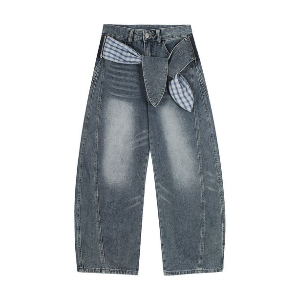 Zipper Patchwork Lace-Up Decorative Scimitar Jeans Men's Street Fashion Vibe Style Niche Loose Wide-Leg Pants_mkmklike.com