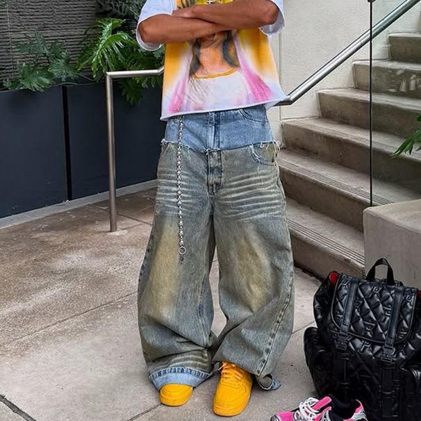 Men's Loose Fit Distressed Denim Jeans - Vintage Washed Wide Leg Streetwear Pants For Casual Outfits_mkmklike.com