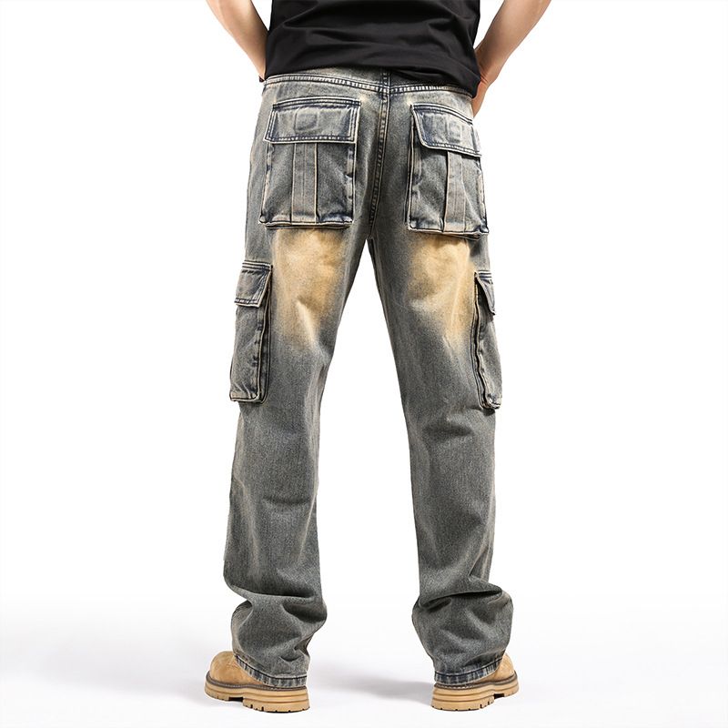 Suitable For All Seasons American Style Multi-Pocket Hip-Hop Cargo Jeans For Men Loose Plus Size Cross Mirror_mkmklike.com