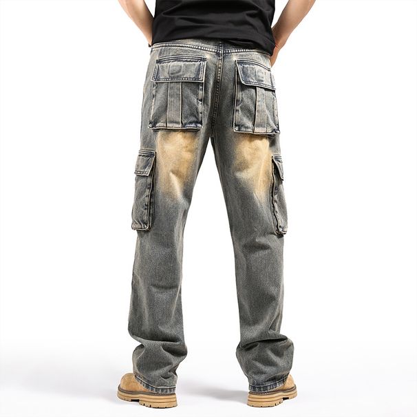 Suitable For All Seasons American Style Multi-Pocket Hip-Hop Cargo Jeans For Men Loose Plus Size Cross Mirror_mkmklike.com