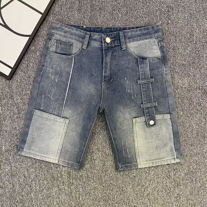 Men's Personalized Patchwork Denim Shorts Summer Trendy Loose Straight Leg Mid-Length Casual Five Point Pants_mkmklike.com
