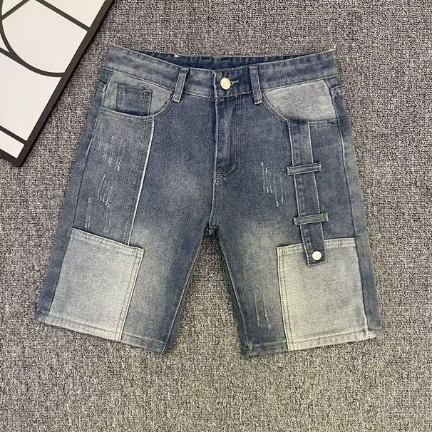 Men's Personalized Patchwork Denim Shorts Summer Trendy Loose Straight Leg Mid-Length Casual Five Point Pants_mkmklike.com