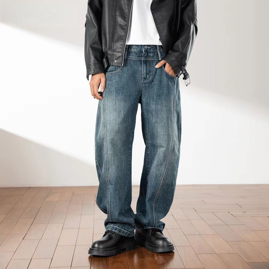 Retro High-Waisted Wide Leg Jeans For Men Blue Washed Distressed Loose Straight Leg High Street Trendy_mkmklike.com
