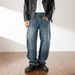 Retro High-Waisted Wide Leg Jeans For Men Blue Washed Distressed Loose Straight Leg High Street Trendy_mkmklike.com