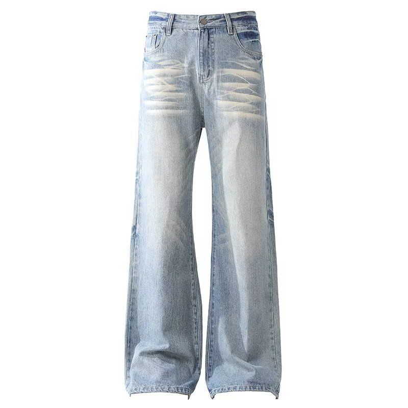 Men's High Street Hip Hop Loose Straight Leg Jeans Retro Washed Casual Lightning Bolt Embroidered American Niche Denim_mkmklike.com