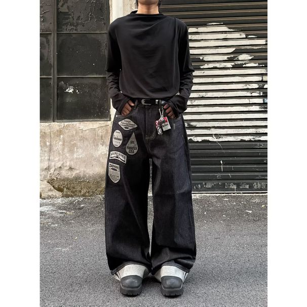 High Street Style Retro Patch Embroidery Design Loose Straight Leg Jeans For Men And Women Cool_mkmklike.com