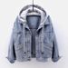 K New Women's Short Fashion Hooded Denim Jacket With Large Pockets Casual Top_mkmklike.com