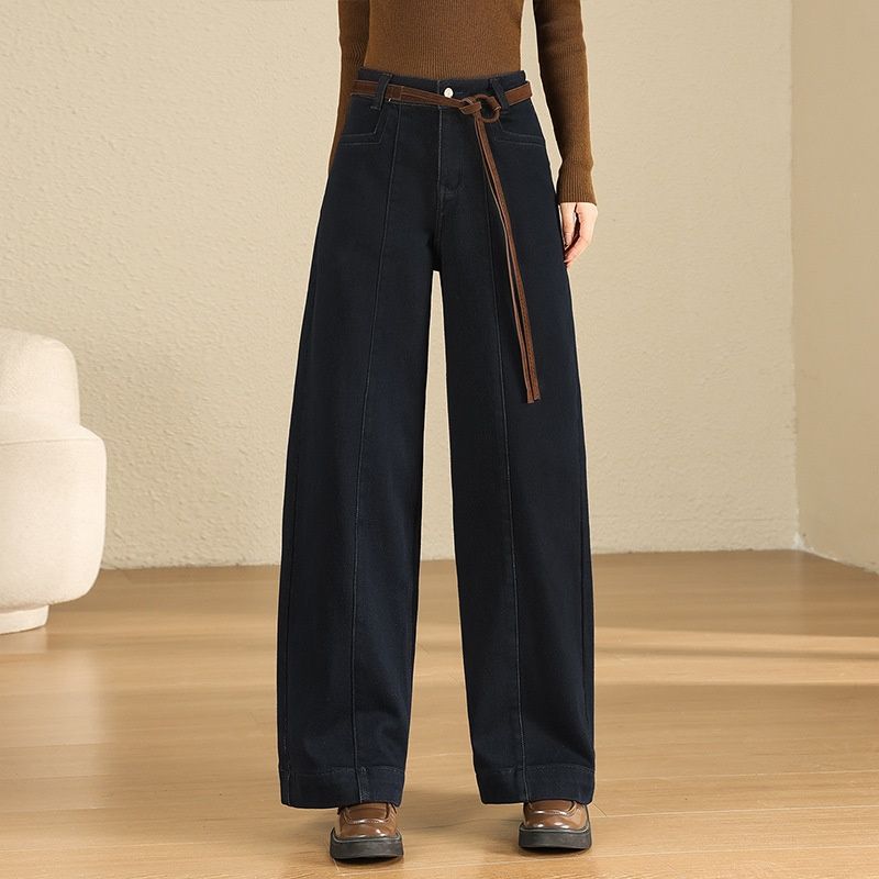 Clair Fleece-Lined Warm Denim Scimitar Draped Loose Slimming Casual Long 2025 Winter High-Waisted Wide-Leg Pants_mkmklike.com