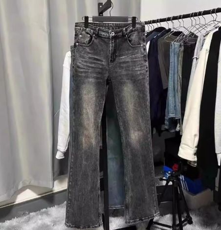 "Ice Blue Marble Wash Distressed Flared Jeans For Men – Vintage Snowflake Pattern & Comfort Fit, Versatile Casual & Commuting Trousers_mkmklike.com
