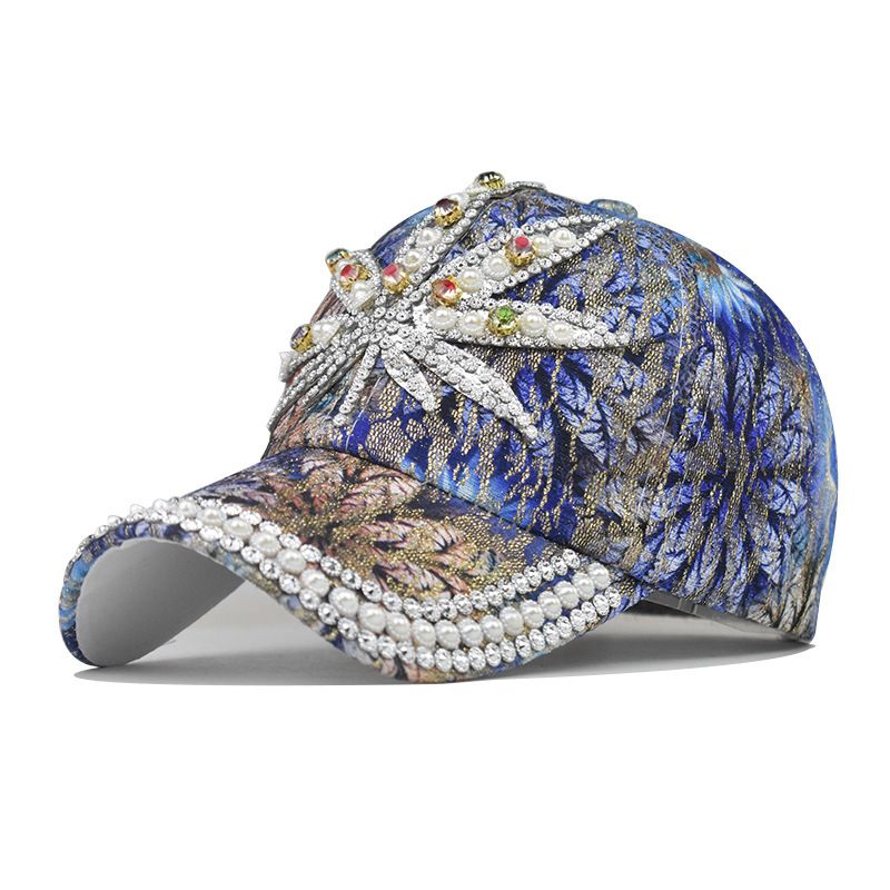New European and American dot diamond baseball cap for men and women trendy colorful leaf print diamond duckbill cap outdoor casual hat_mkmklike.com