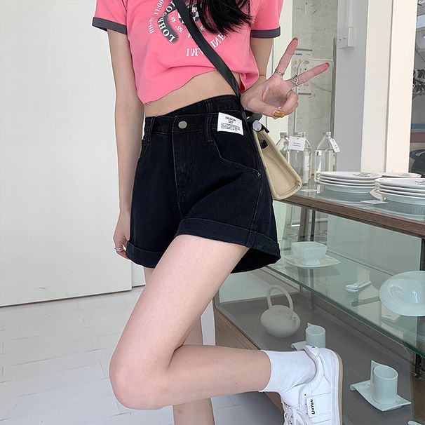 Women's Clothing Niche Design Cuffed Denim Shorts For Women Summer High Waist Loose Slimming Small All Match Wide Leg Hot Pants_mkmklike.com