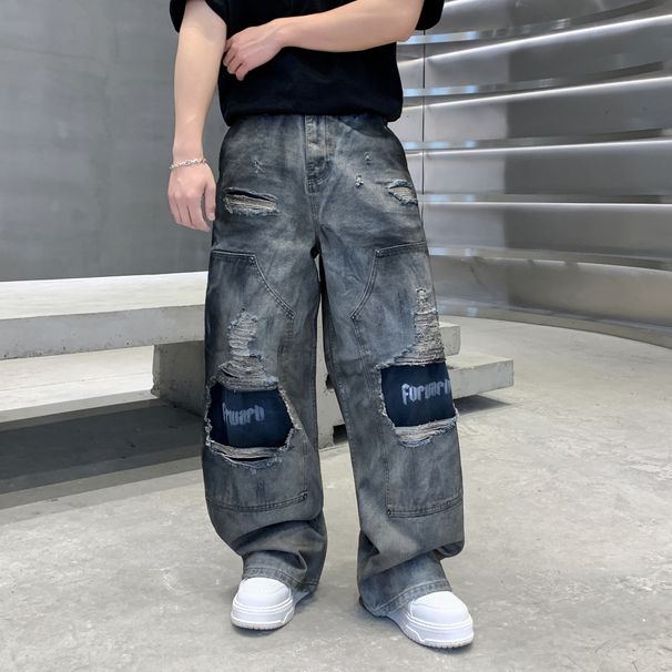 Men's Gray Distressed Jeans – Vintage High Street Baggy Denim Pants With Frayed Hem & Hand-Painted Details – Retro Loose Fit Streetwear Trousers_mkmklike.com