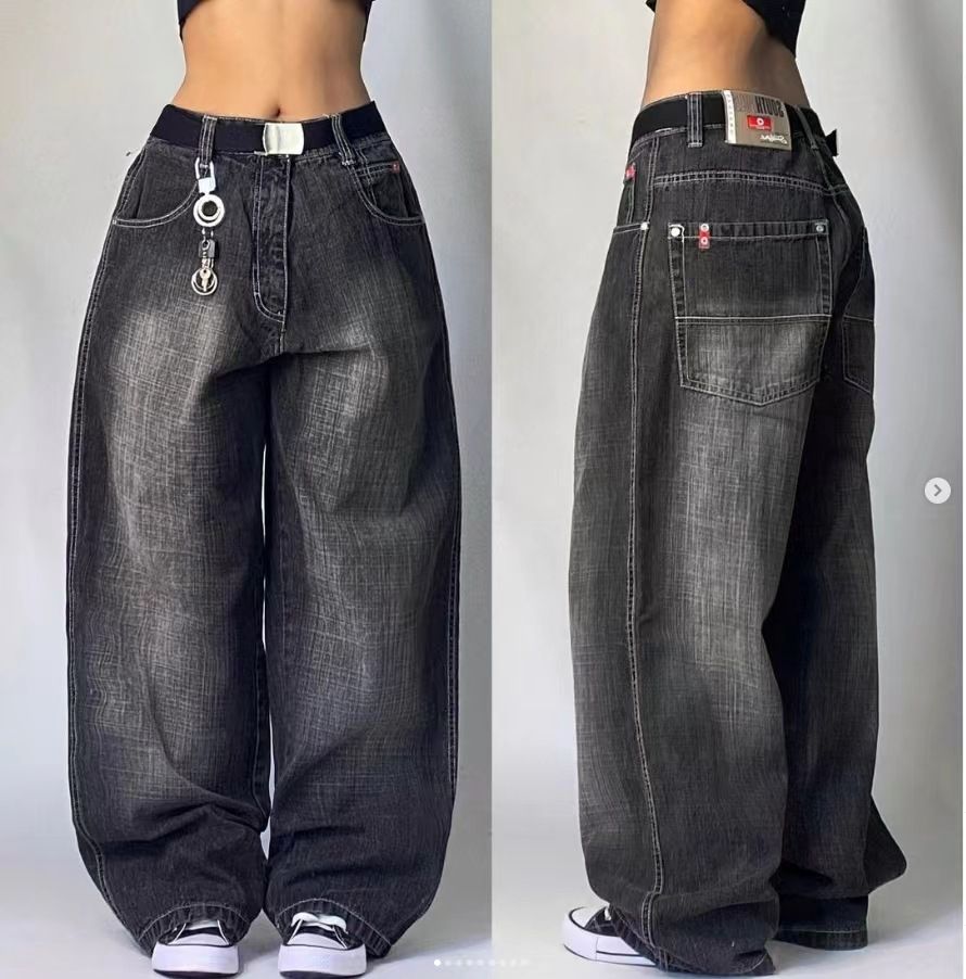 Women's Clothing Black And Gray Denim Wide Leg Pants Jazz Dance Pants High Waist Retro Niche Design Denim Jeans_mkmklike.com