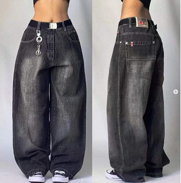 Women's Clothing Black And Gray Denim Wide Leg Pants Jazz Dance Pants High Waist Retro Niche Design Denim Jeans_mkmklike.com