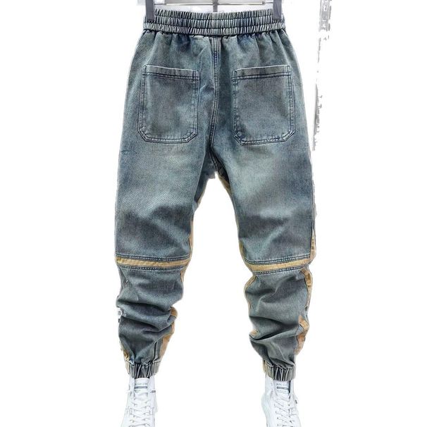 Men's Slim Fit Patchwork Jeans Blue Washed Distressed Elastic Waist Jogger Pants Trendy Spring Style_mkmklike.com