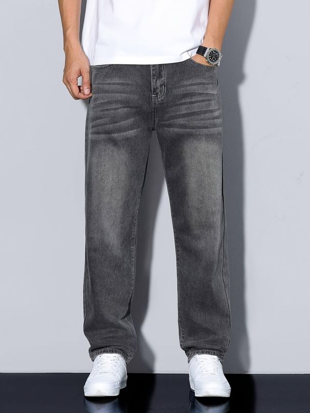 1pc Men's High-street Loose-fitting Washed Jeans. These Retro-style Distressed And Whitened Straight Pants Feature High Elasticity And Breathability,_mkmklike.com