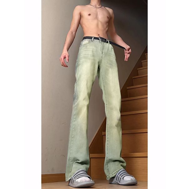Men's Retro Trendy Washed Flared Jeans Slim Fit Casual Trousers High Street Vibe Durable Straight Leg Mid Waist_mkmklike.com