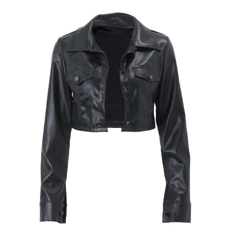 European American Hot Girl Motorcycle With Turn-down Collar And Button Closure, Women's Autumn Sexy Crop Top, Street_mkmklike.com