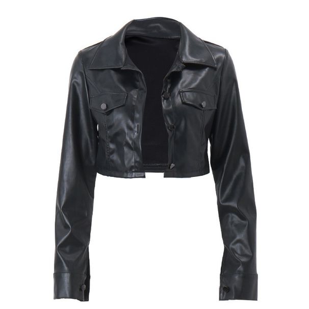 European American Hot Girl Motorcycle With Turn-down Collar And Button Closure, Women's Autumn Sexy Crop Top, Street_mkmklike.com