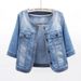 Women's Lightweight Denim Jacket, 3/4 Rolled Sleeve Round Neck Jean Coat, Casual Loose Fit Washed Denim Outwear For Daily Street Wear, Soft Breathable_mkmklike.com